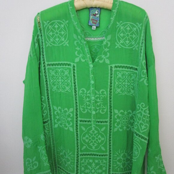 Embroidered Tunic Top Blouse Cheery Green Rayon Bohemian - Picture 1 of 8